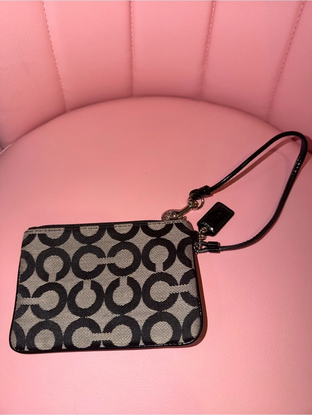 Coach Poppy Black Signature Canvas Wristlet with White Heart & Floral Appliqués